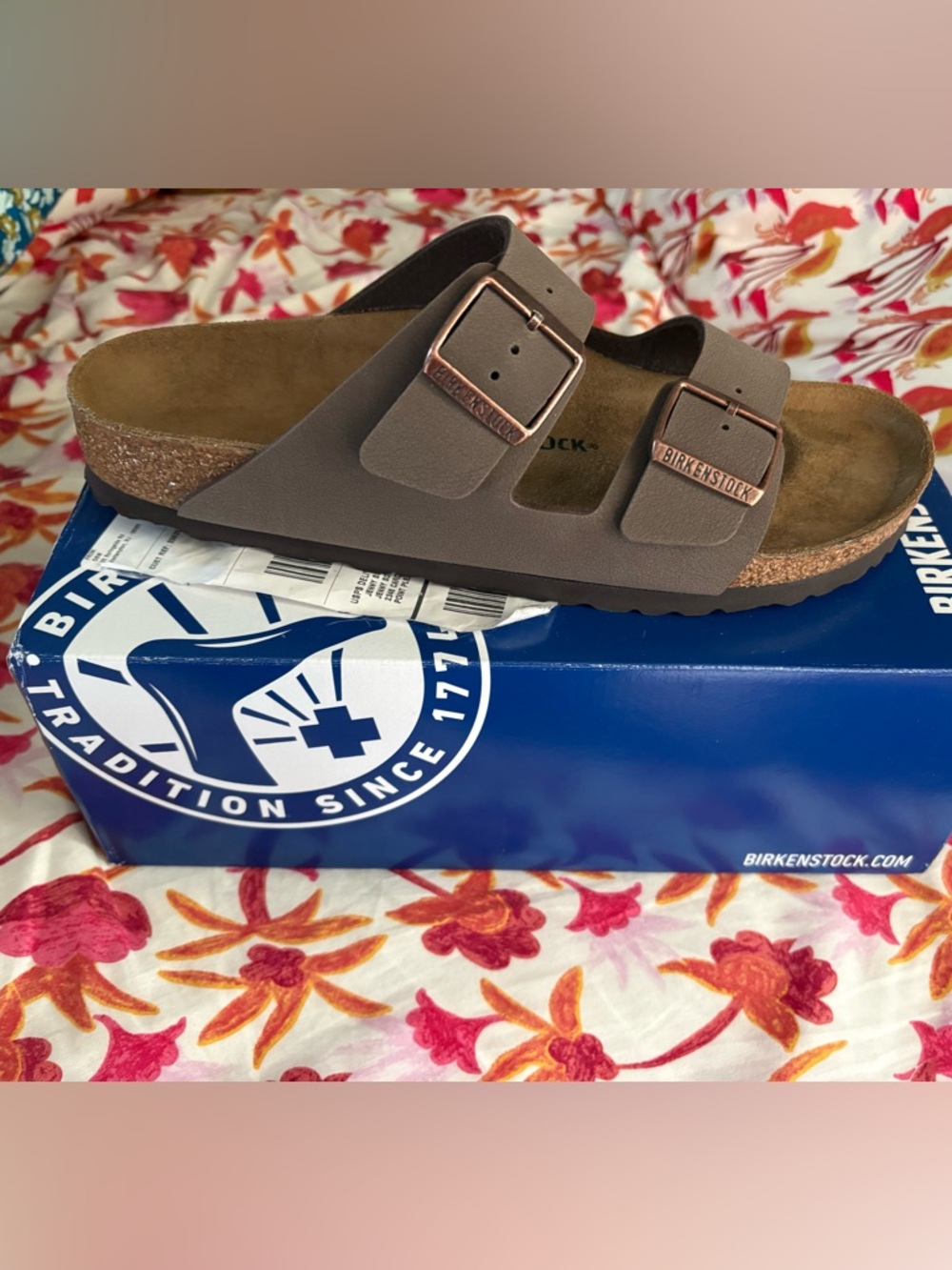 Birkenstock Two-Strap Sandal in Brown with Copper Buckles